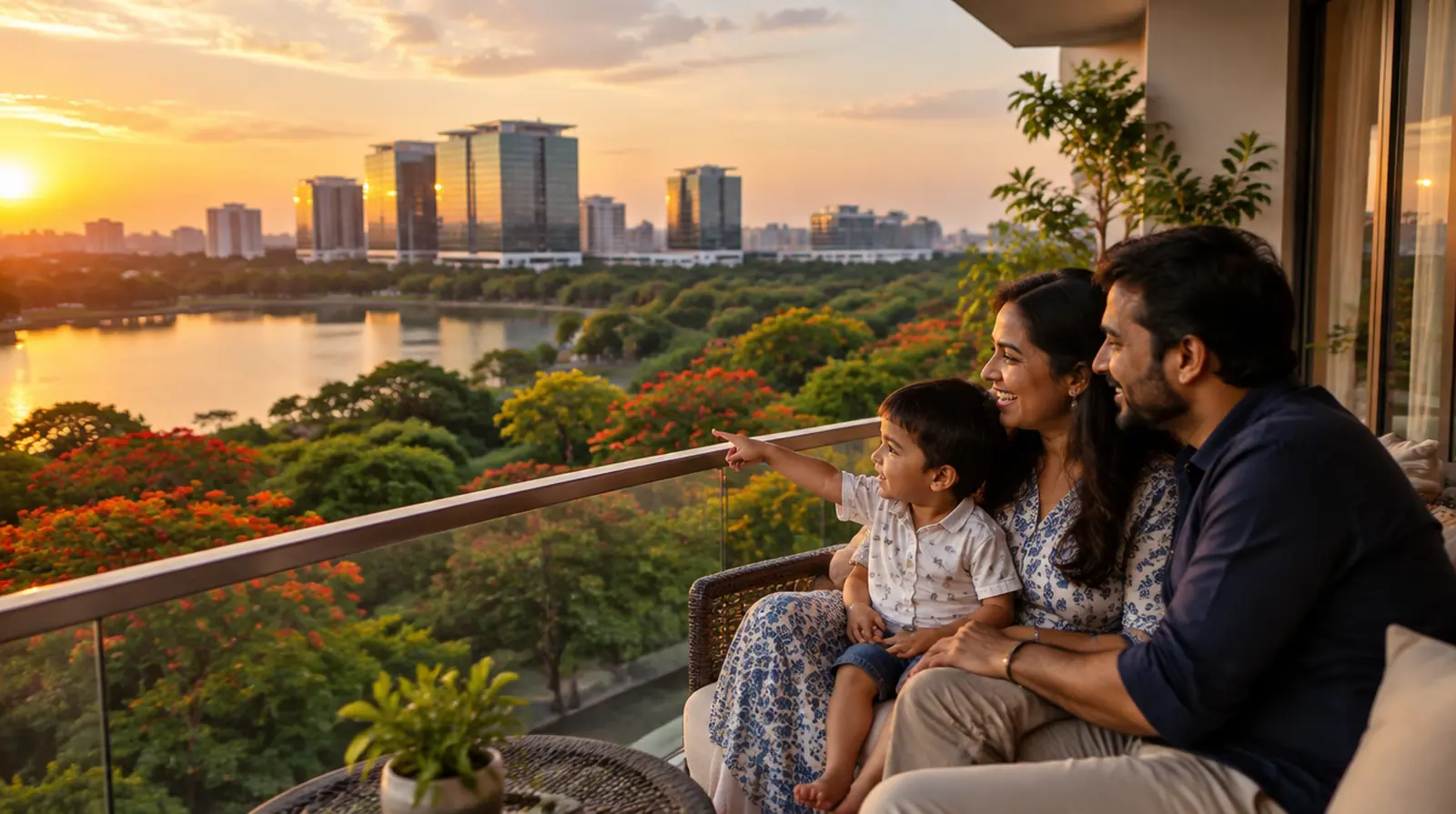A family sits on the balcony of their new flat in Bengaluru at sunset, the boy pointing at gulmohar trees, a lake and tech-park towers.