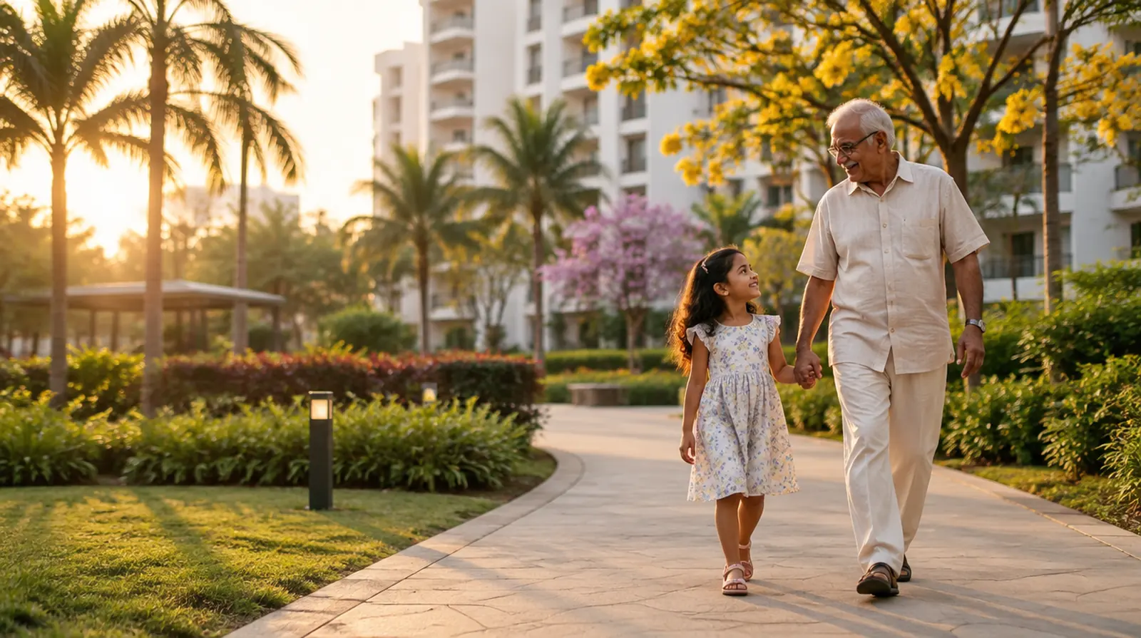 A grandfather and his granddaughter walk hand in hand along a palm-lined path in a new apartment community at golden hour.