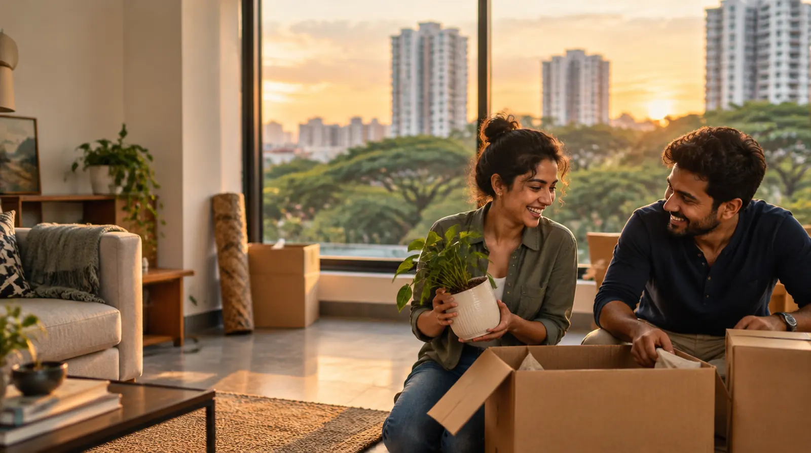 A young couple laugh as they unpack moving boxes in the sunlit living room of their new flat in Bengaluru, with rain trees and towers outside.