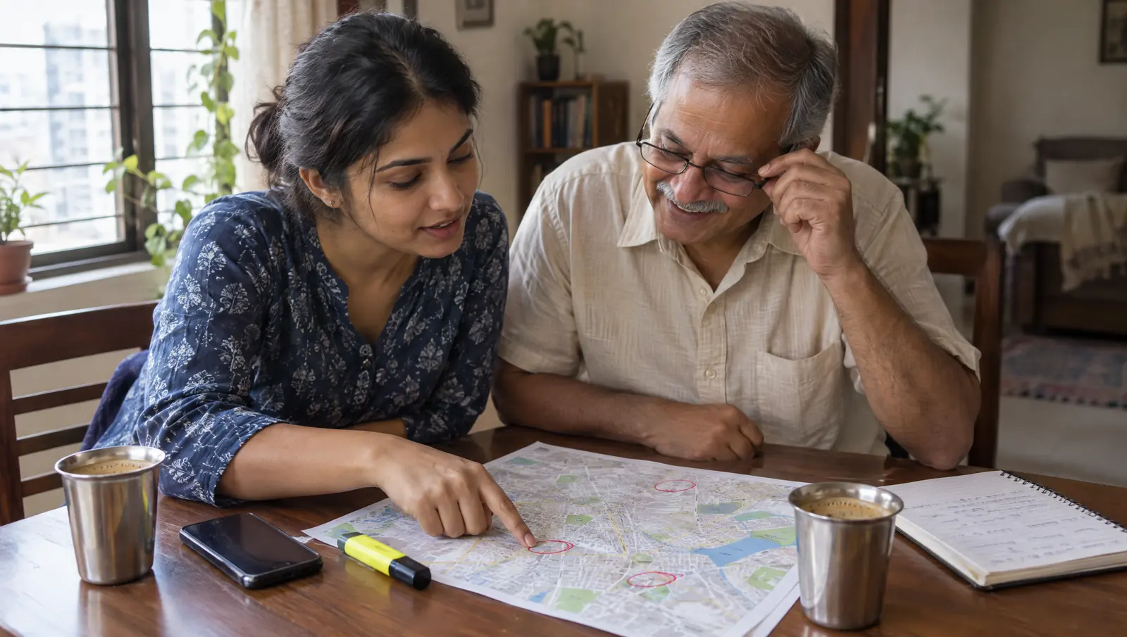 A young woman and her father plan which new flats to visit, pointing at places circled on a printed map of Bengaluru.