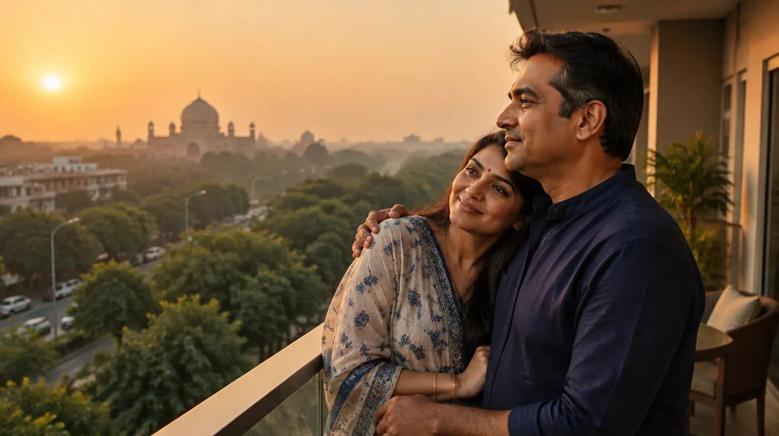 A couple share a quiet moment on the balcony of their new flat in Delhi, above leafy avenues and a domed monument in the evening haze.