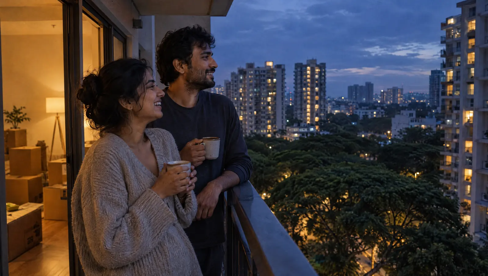 A couple with cups of chai laugh on the balcony of their new flat at dusk, with lit apartment towers behind them.