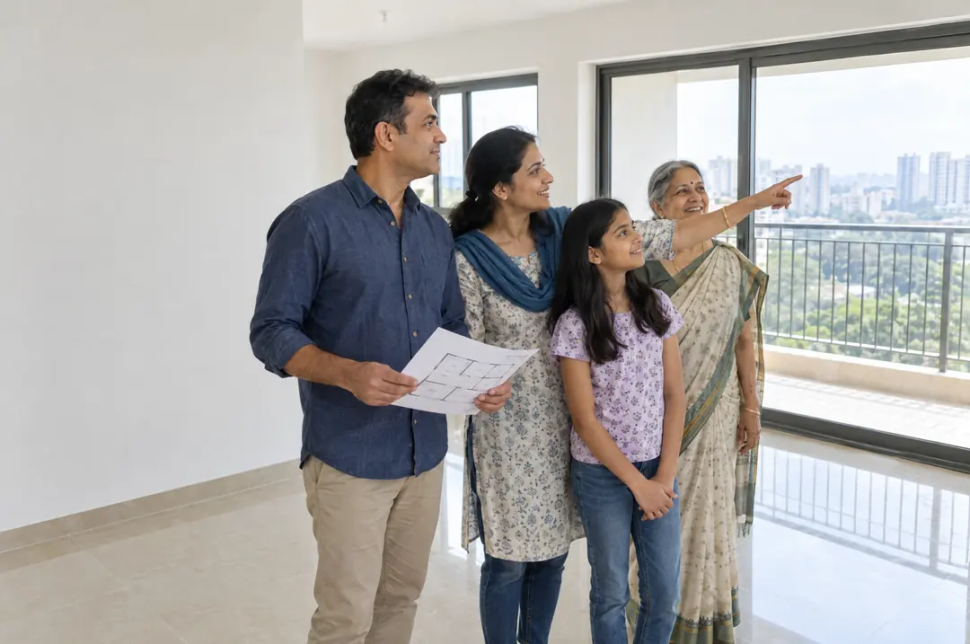 A family of four, including a grandmother, looks around the living room of a newly built flat while the father holds a floor plan.
