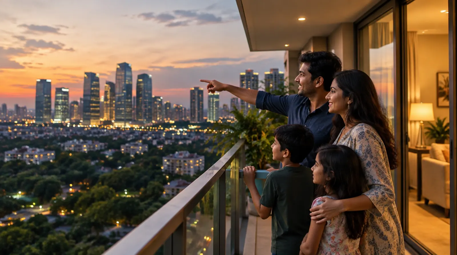 A family of four on the balcony of their new flat in Gurugram at dusk, the father pointing at the glass towers of the business district.