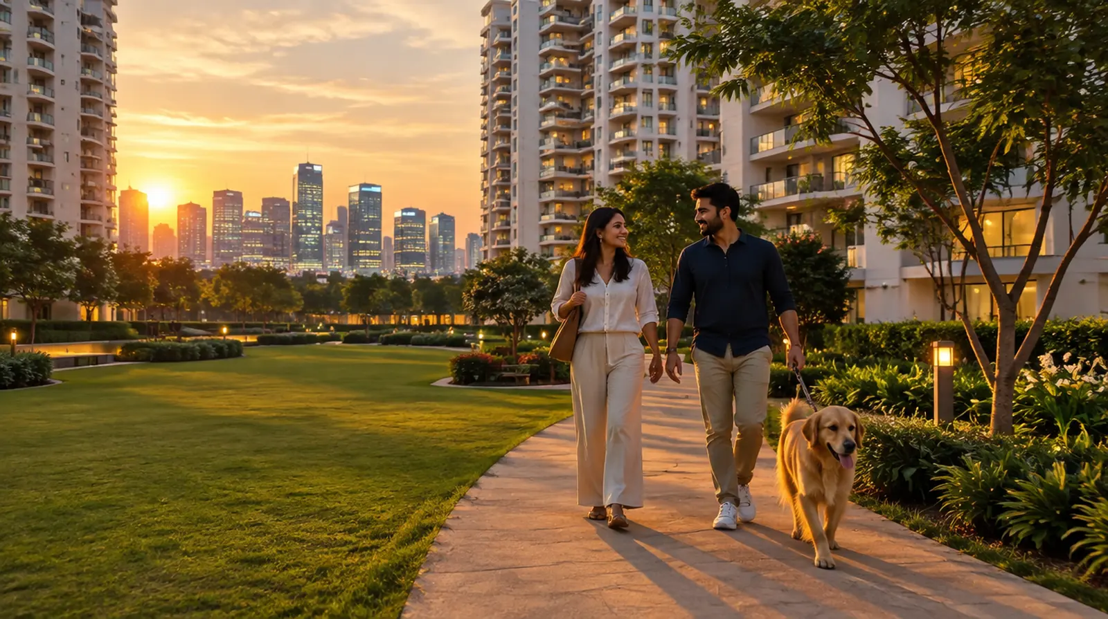 A couple walk their dog through the gardens of a new gated community in Gurgaon at golden hour, with the city skyline beyond.