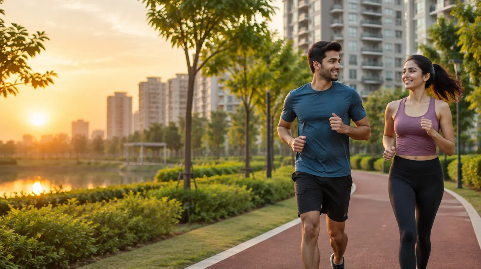 A young couple jog along a tree-lined track inside a new residential society in Gurugram at sunrise.