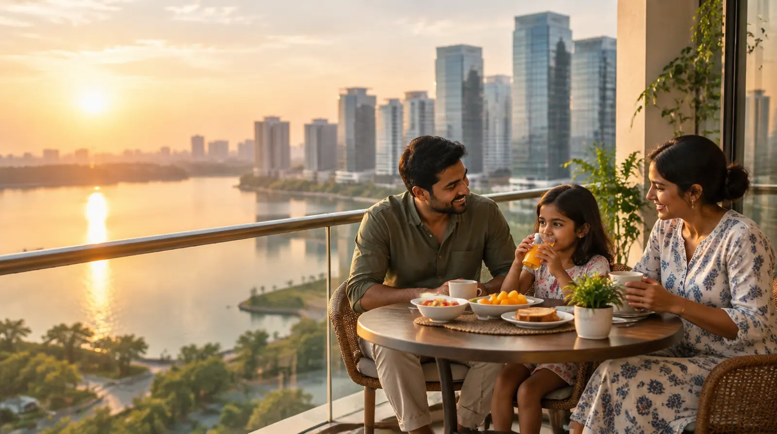 A family of three has breakfast on the balcony of their new high-rise flat in Hyderabad, with glass towers and a lake behind them in the golden light.