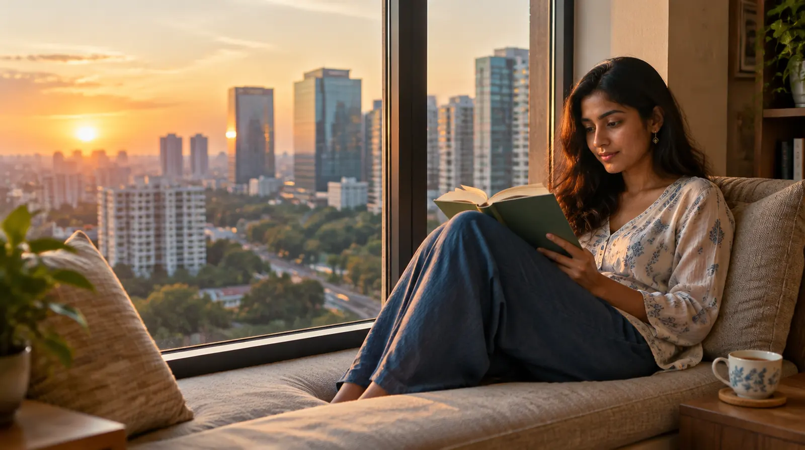 A young woman reads on the window seat of her new flat in Hyderabad, a cup of chai beside her and city towers outside at sunset.