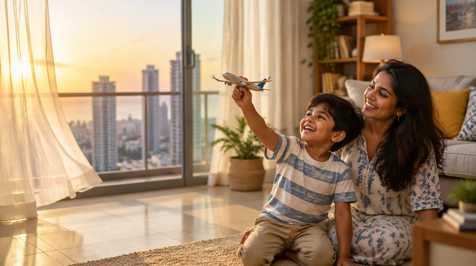 A mother and son play with a toy aeroplane in the bright living room of their new flat in Mumbai, with high-rise towers outside.