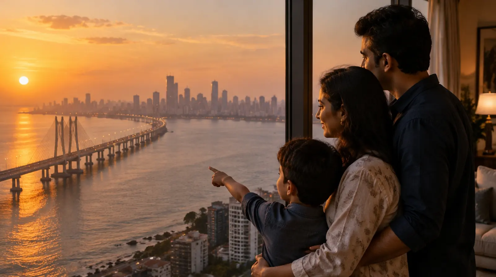 A family looks out from their new high-rise flat in Mumbai at sunset, the boy pointing at the sea and the Bandra-Worli Sea Link.