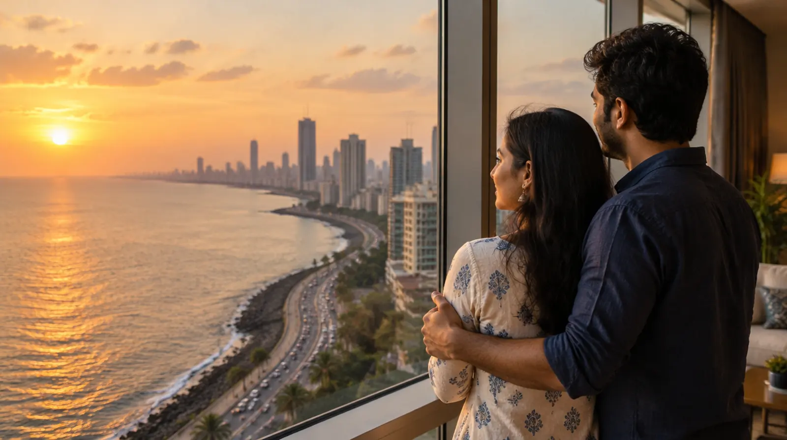 A couple stand at the window of their new high-rise flat in Mumbai, looking out at the sea and a curving coastal road at sunset.