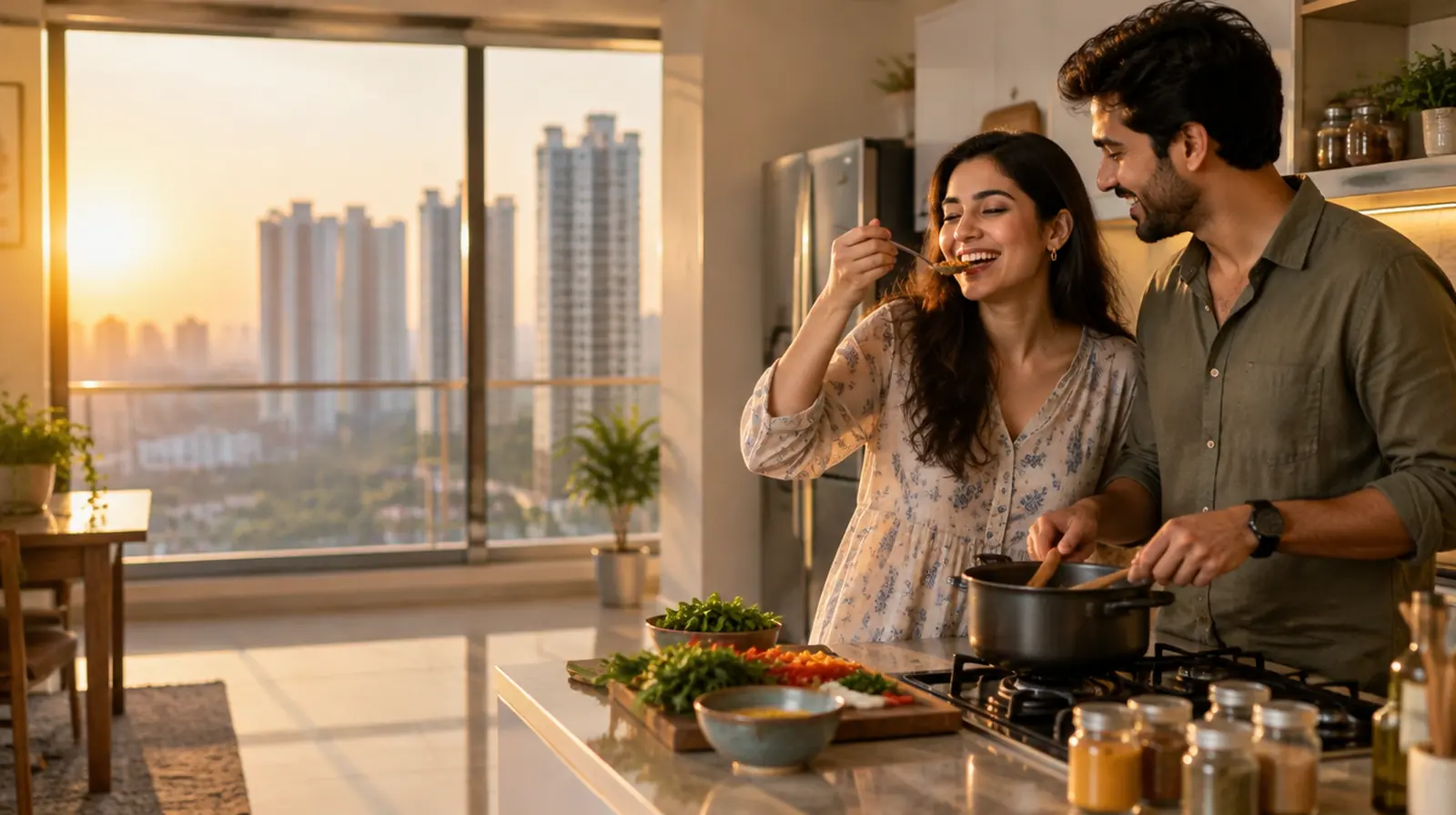 A young couple cook together in the open kitchen of their new flat in Noida, laughing in the evening sun.