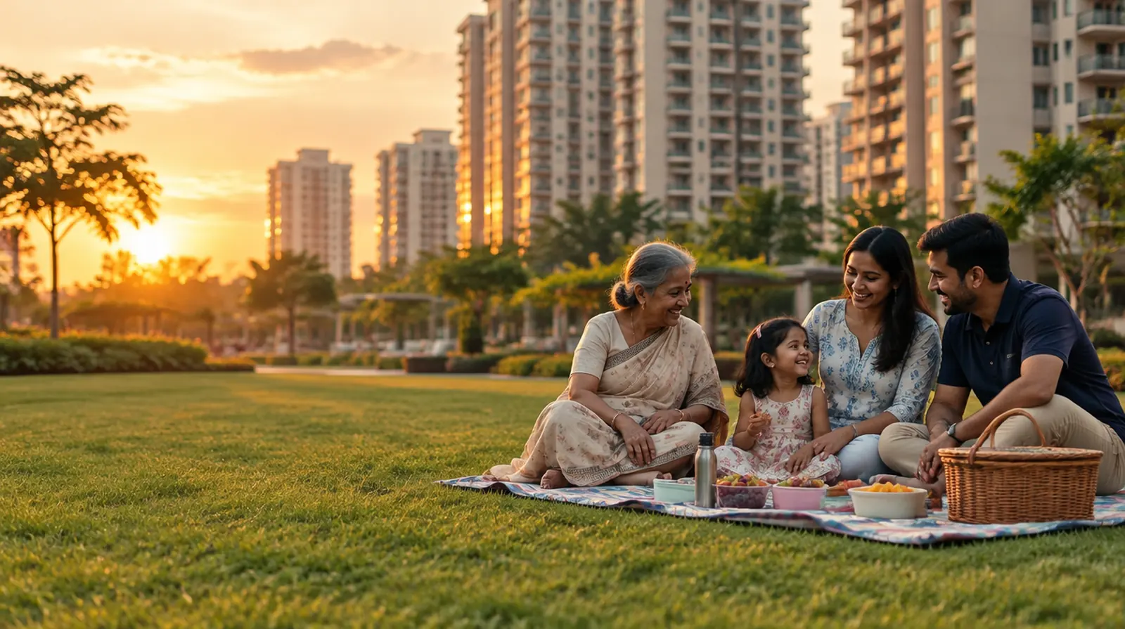 Three generations of a family picnic on the lawn of a new apartment society in Noida at golden hour.