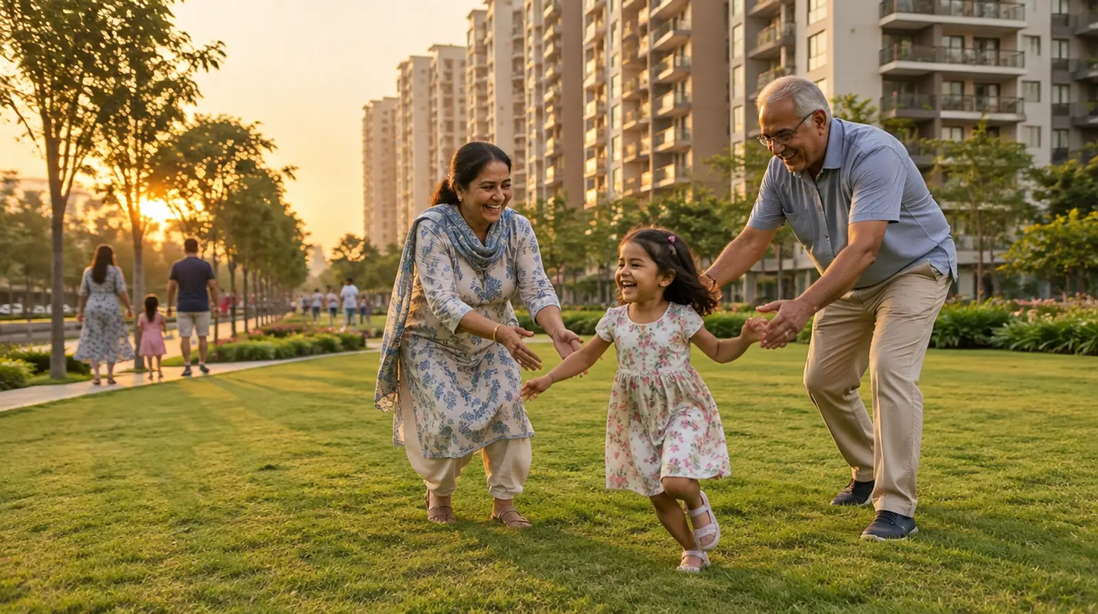 Grandparents play with their granddaughter on the lawn of a newly completed society in Noida, with new towers behind them at sunset.