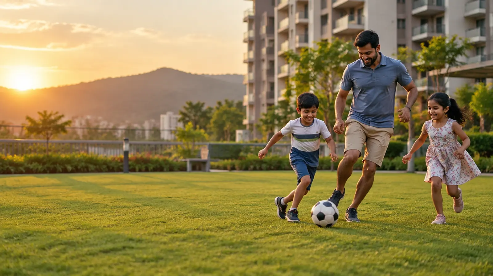 A father and two children play football on the lawn of a new apartment community in Pune at golden hour.