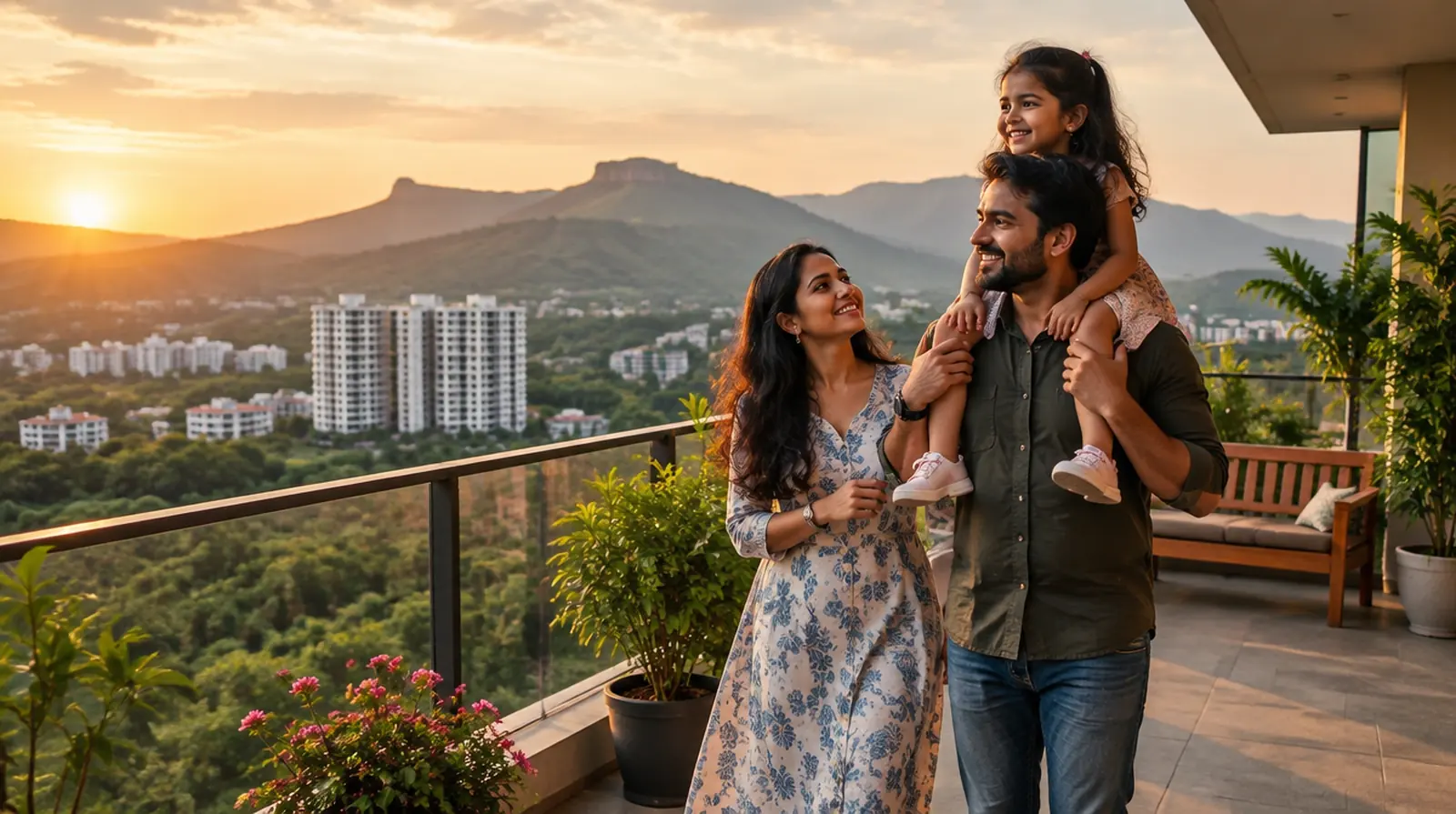 A father carries his daughter on his shoulders on the terrace of their new flat in Pune, with green hills and new towers at sunset.