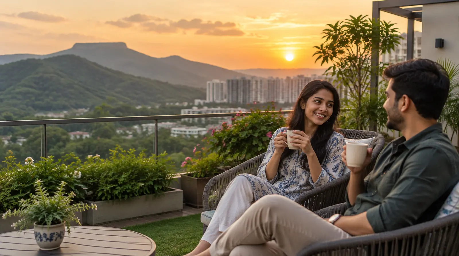 A couple share tea on the terrace garden of their new building in Pune, with green hills on the horizon at sunset.